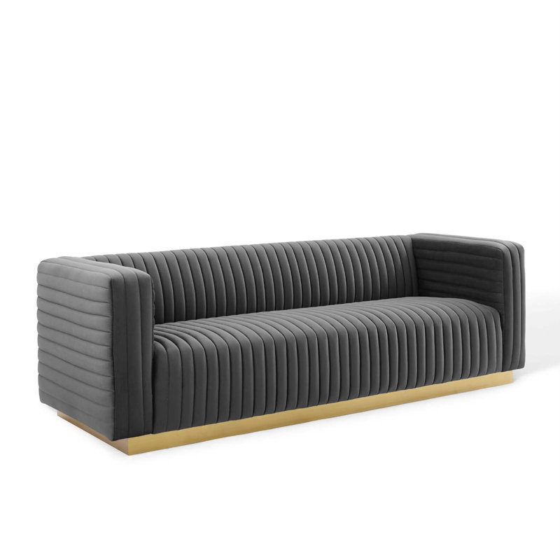 Charcoal Velvet Tufted Sofa with Gold Base