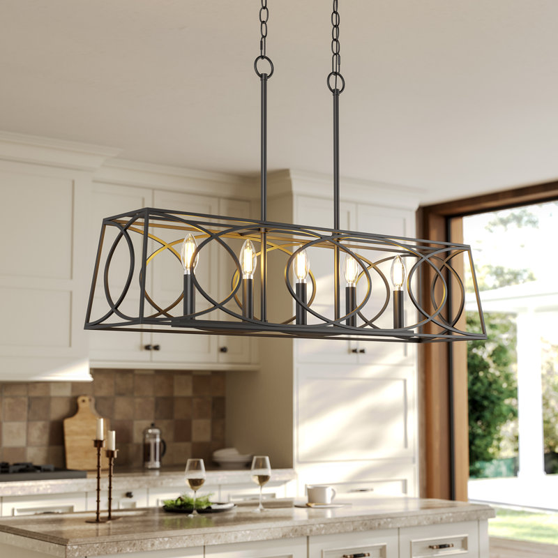 5 - Light Dimmable Kitchen Island Square / Rectangle Chandelier, Matte Black
