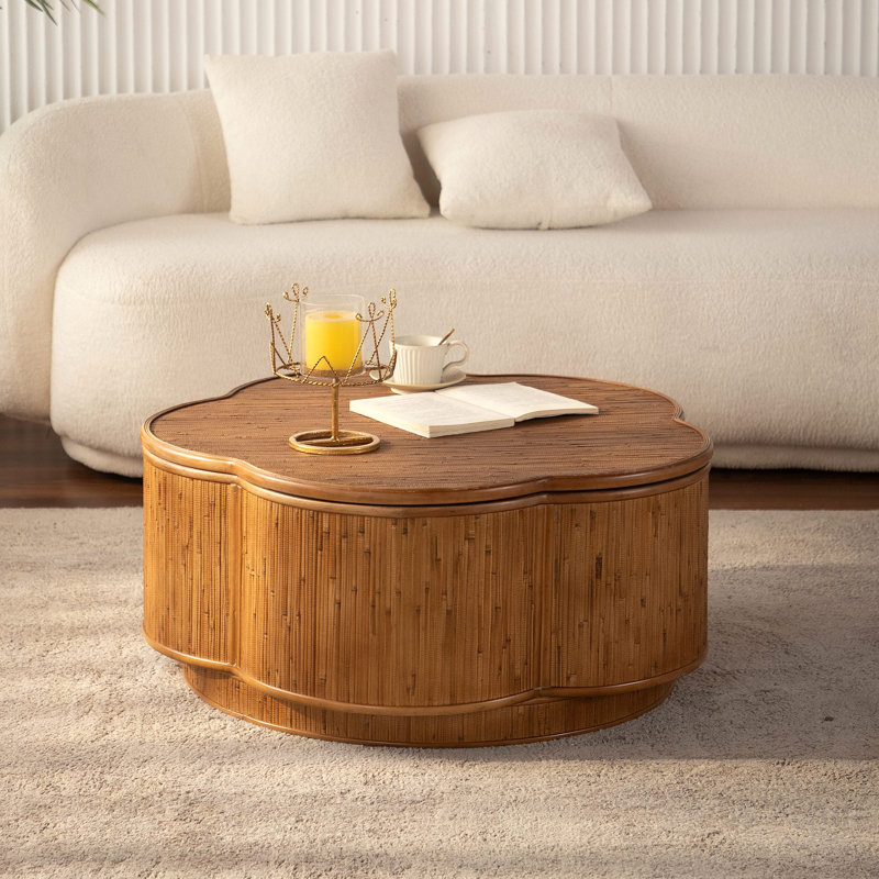 Table basse en rotin en forme de fleur avec rangement amovible, style boho-chic, parfaite pour les salons confortables et les espaces compacts