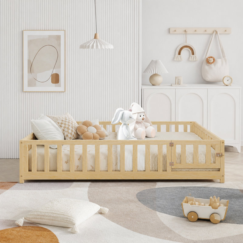 Lit de sol Montessori avec barrière et porte pour enfants, Natural