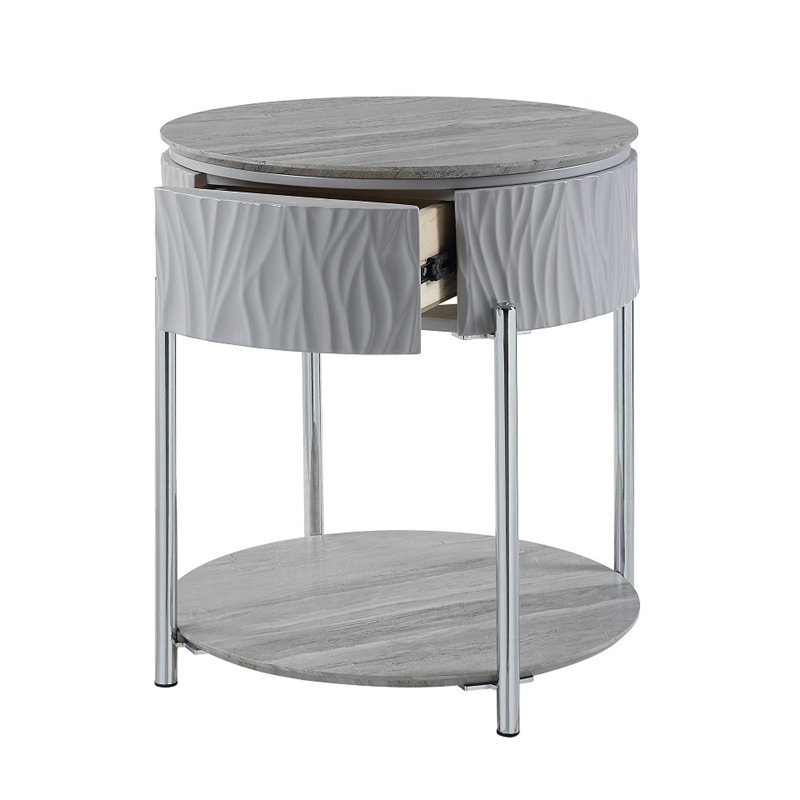 Table de bout Sleek Grey brillant avec pieds et tablettes en métal - Élégant tiroir contemporain ultra brillant