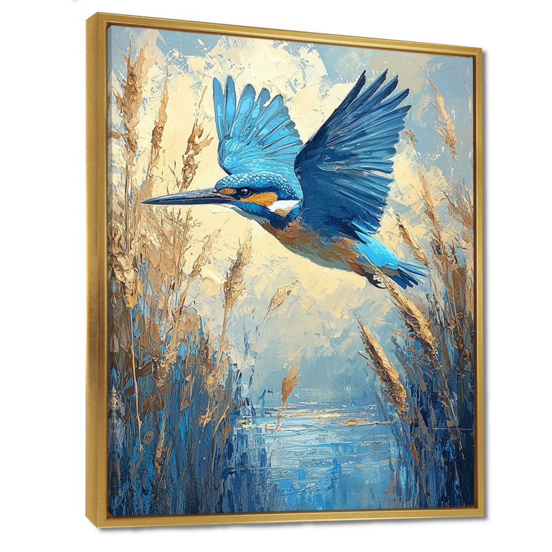 Stafford Martin-pêcheur à la ferme - Art mural oiseau, H 32 po x l 24 po, Reproduction avec cadre flottant, Doré
