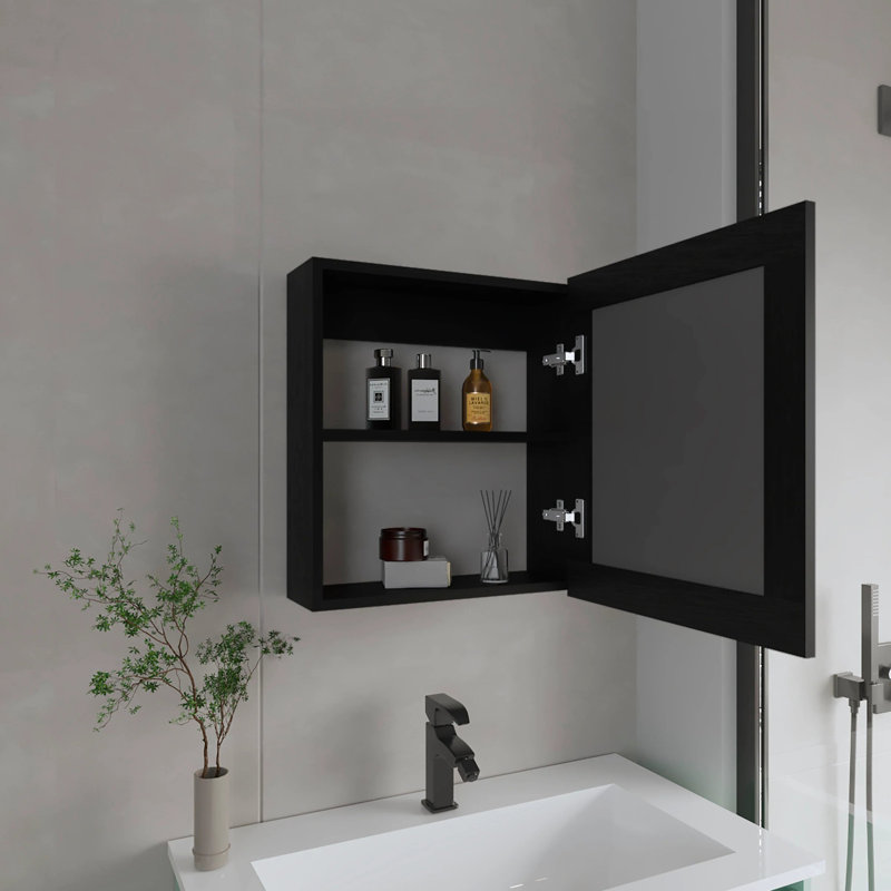 Armoire à pharmacie murale noire - salle de bain, 2 tablettes, miroir, moderne, panneau de particules, rangement de salle de bain 18,6 po x 5,7 po