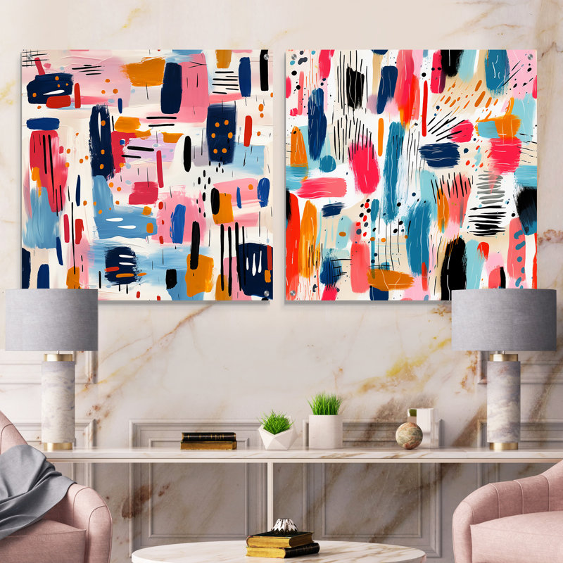 «Paint Stripes Playfull Harmony», ensemble de 2 peintures murales abstraites en acrylique, H 16 po x l 33 po