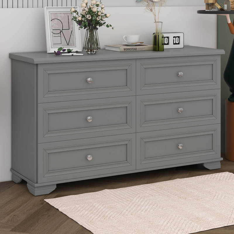 Commode 6 tiroirs, commodes de rangement de style rétro avec poignées en métal et base robuste, commode peu encombrante, Gris