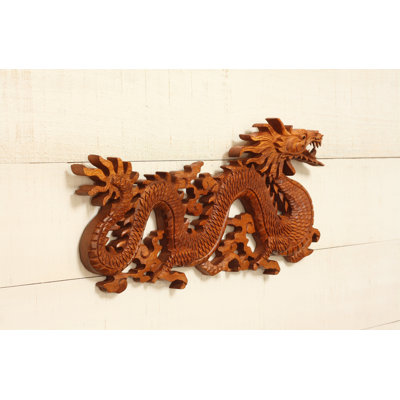 16" Wooden Dragon Wall Hanging Hand Carved Relief Plaque Statue Sculpture Handcrafted Gift Art Home Decor Figurine Accent Decoration Handmade