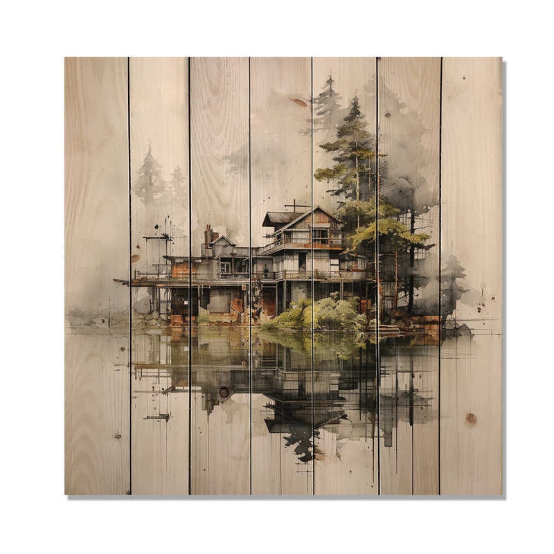 Minimalisme, Moody Lakehouse, ciel couvert - art mural en bois sur bois de pin naturel, H 15 po x l 15 po