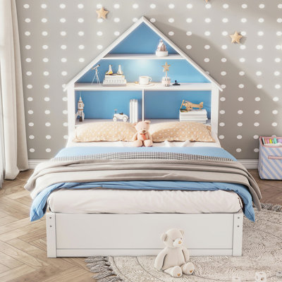 Lit en forme de maison avec tête de lit bibliothèque et lumière DEL et lit gigogne simple pour enfants