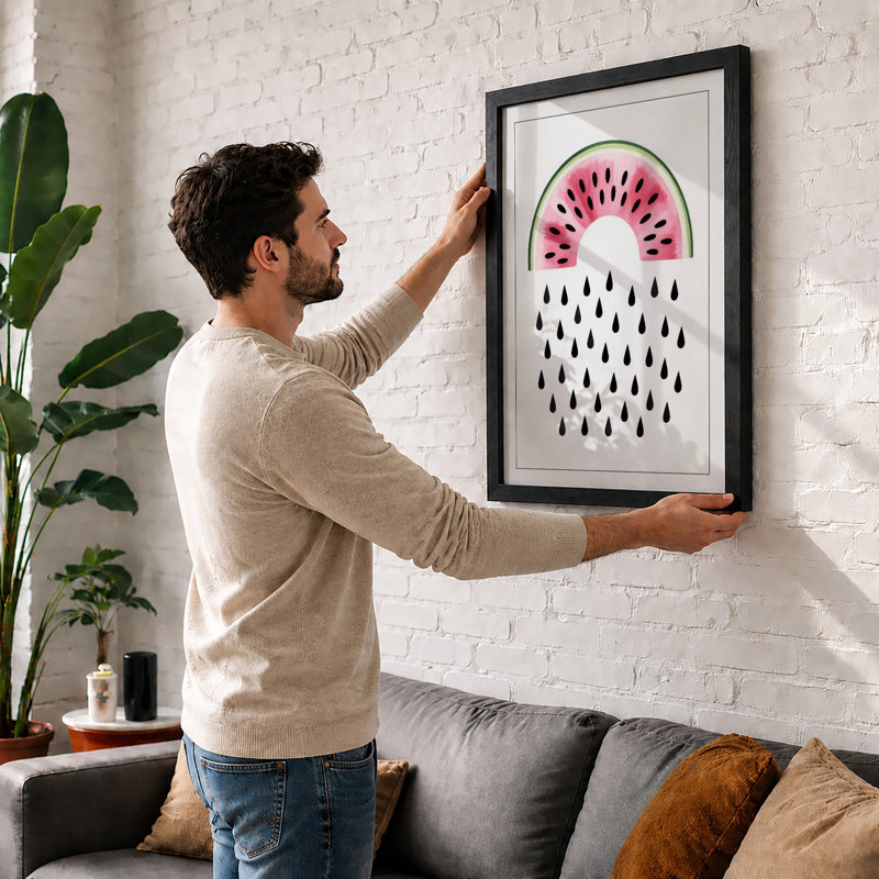 Watermelon & Rain Modern - Framed Print, A1 - 84.1 x 59.4 cm, Walnut
