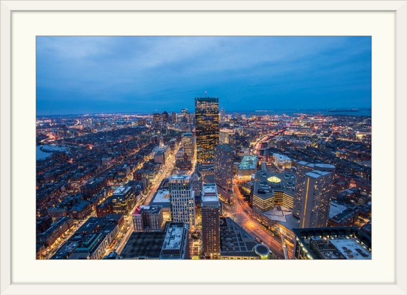«Boston Skyscrapers in the Evening», reproduction de photo, H 20 po x l 26 po x P 1 po, Cadre blanc