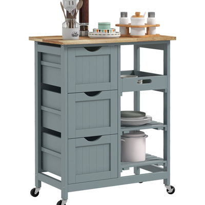 Chariot de cuisine compact avec étagères, gris - Surface en bois, tiroirs et plateau amovible pour un gain d'espace optimal. Tiroirs de rangement à roulettes, plateau, roulettes et organisation des aliments.
