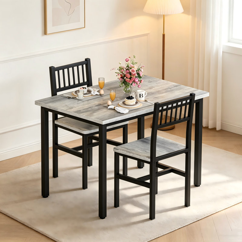 Ensemble de table de salle à manger 2 pièces, table de cuisine en bois industriel gris avec 2 chaises, mobilier de salle à manger à structure métallique pour petit appartement