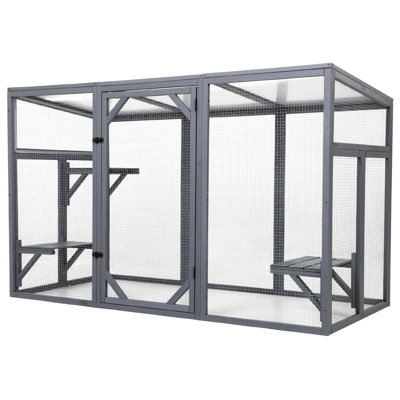 Gray Outdoor Wood Cat Enclosure, Patio House With 3 Platforms For Cats' Exploration, Double - Lock Front Door, And Design Activity, Safe