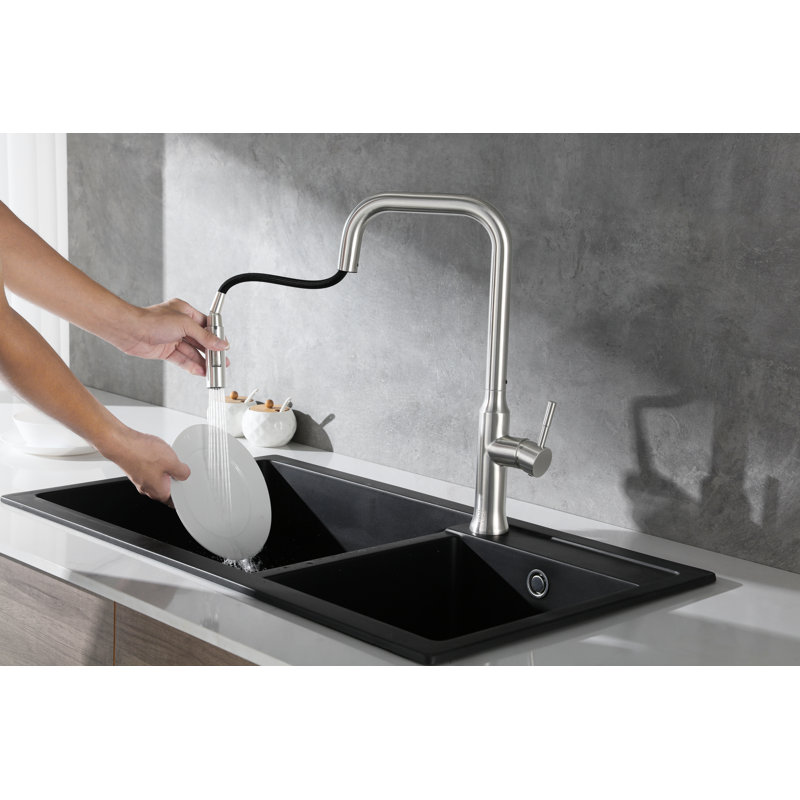 Robinet de cuisine à poignée simple avec accessoires Noor, Nickel brossé