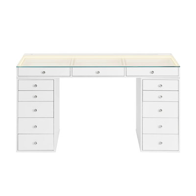 Slaystation Lumina Pro 2.0 Makeup Vanity Table With LED Light, Clear Glasstop And 13 Storage Drawers by Everly Quinn