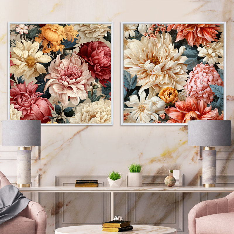 Hamlett - Ensemble de 2 collages floraux carrés, Cadre flottant blanc, H 36 po x l 73 po