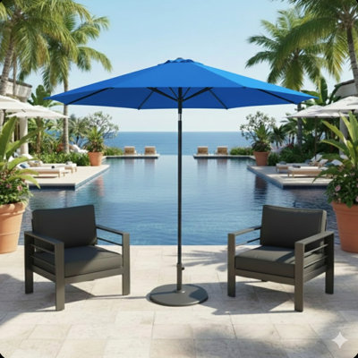 Parasol de patio bleu 11 pieds, 8 baleines renforcées, auvent amélioré imperméable, manivelle et inclinaison à bouton-poussoir 45, pour les plages de patio, sans base Parasol de marché avec pied bleu, renforcé