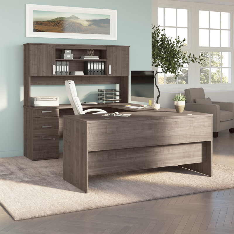 Aralee 65W U Shaped Desk with Hutch, Medium Grey Maple