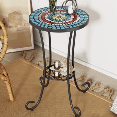 Superbe table d'appoint avec tablette pour le patio, carreaux de céramique bleue et noire, fabrication en fer, 14 po x 14 po x 22,23 po, tablette à rayures bleues et noires, structure, pratique et élégante