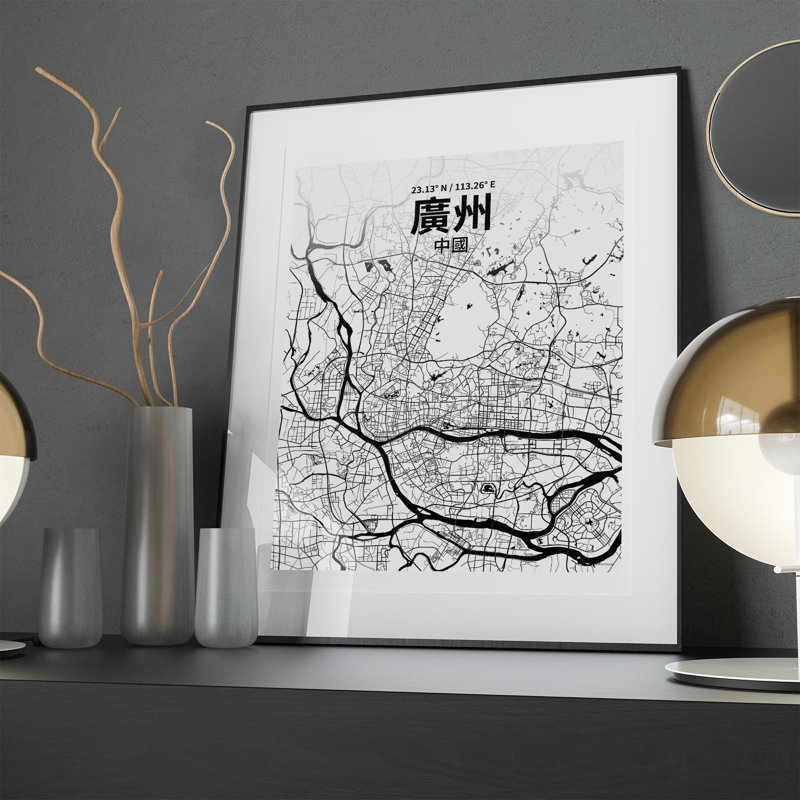 Impression sur carte de la ville de Canton (chinois traditionnel), H 20 po x l 16 po x P 0,05 po, Noir et blanc