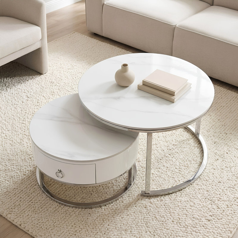Opal Modern Nesting Coffee Table Set – 2-Piece Sintered Stone Tables with Gold/Silver Chrome Legs, Silver