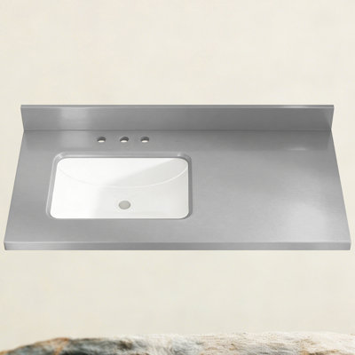 Comptoir de meuble-lavabo en pierre grise l 48 po x P 22 po avec lavabo latéral gauche et configuration de robinet à 3 trous espacés de 8 po