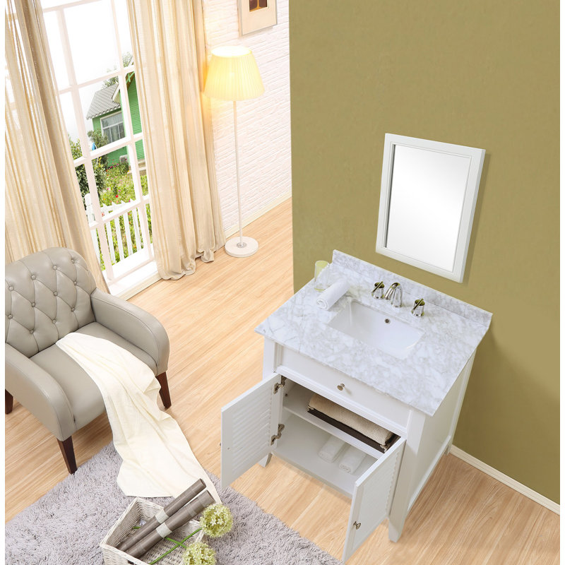 White Vanity with Carrara Marble Top and Shuttered Cupboard