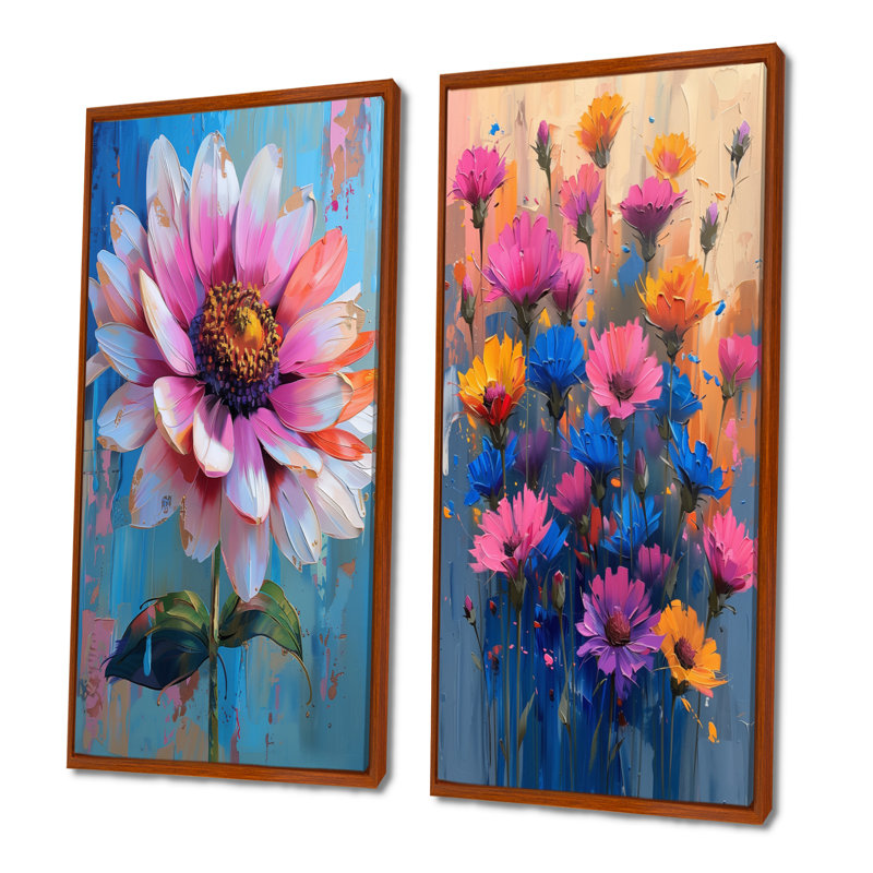 Ensemble de 2 pièces d'art mural bleues et bleues, H 32 po x l 32 po, Cadre flottant brun