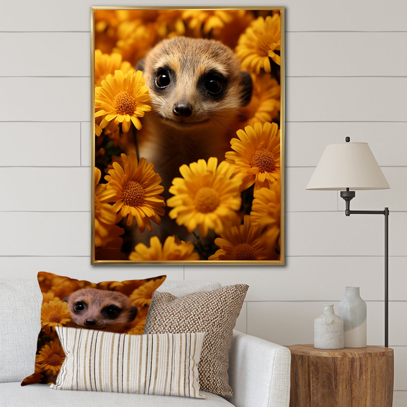 Art floral jaune suricate - Suricate, H 20 po x l 12 po x P 1 po, Cadre simple noir