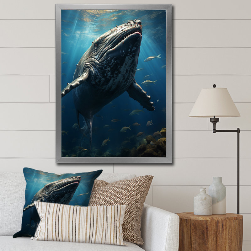 Aad " Animal Whale In Deep Ocean ", Silver Single Picture Framed Canvas, 44" H x 34" W x 1.5" D