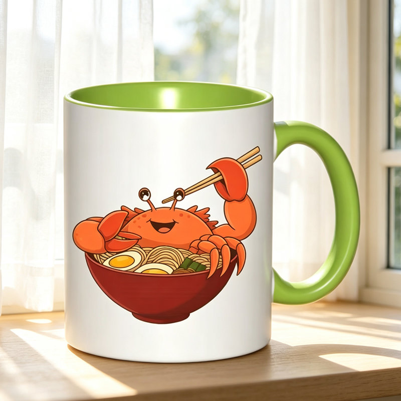 A Single Cartoon Crab And Ramen-Themed Ceramic Coffee Mug, Perfect for Tea, Milk, Or Water.