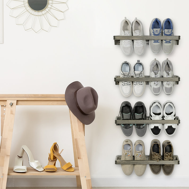 Wall Mounted Burnt Wood Shoe Rack Storage, Gray, 2.8"H x 20.1"W x 4.9"D