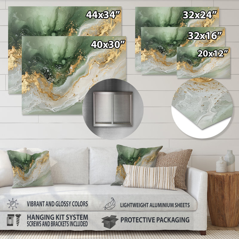 Éphémère chemin émeraude vers la pierre précieuse II - décoration murale moderne en métal marbré, H 12 po x l 20 po