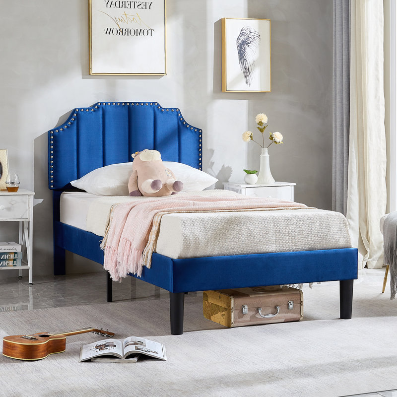Twin size Bed with Adjustable Tufted Headboard, Platform Bed, Mattress foundation, No Box Spring Needed, Twin, Blue
