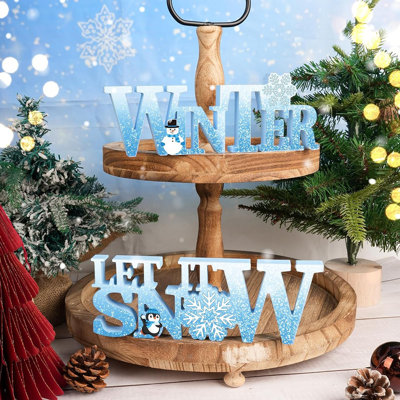 Plaque en bois «Let It Snow» - Bleu et blanc - Décoration de table flocon de neige pour la maison, le bureau, une tablette ou un manteau de cheminée