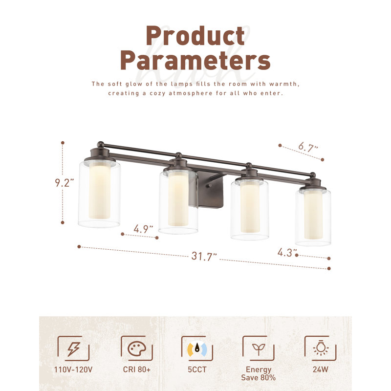 Éclairage pour salle de bain 4 lumières DEL à intensité variable moderne, 5 températures de température réglables, bronze huilé