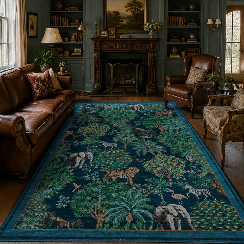 Tapis de couloir lavable à imprimé jungle pour salon et chambre à coucher, Bleu, 10 x 13 pi