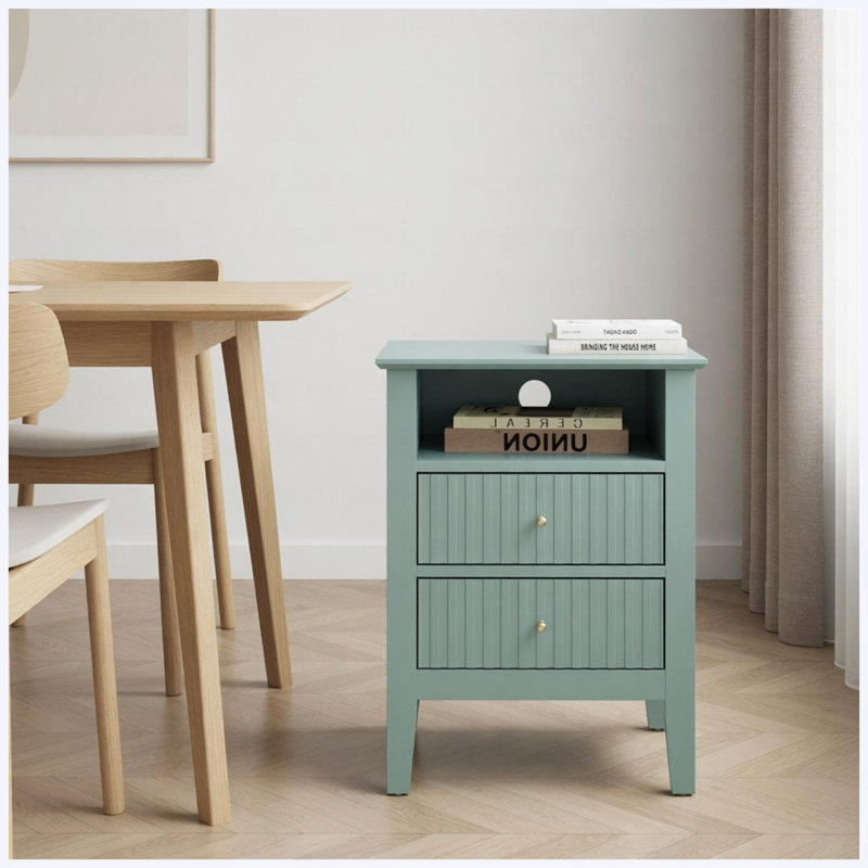 Table de chevet cannelée verte 18 po avec 2 tiroirs, table de chevet de chambre à coucher moderne, table de bout avec canapé et rangement
