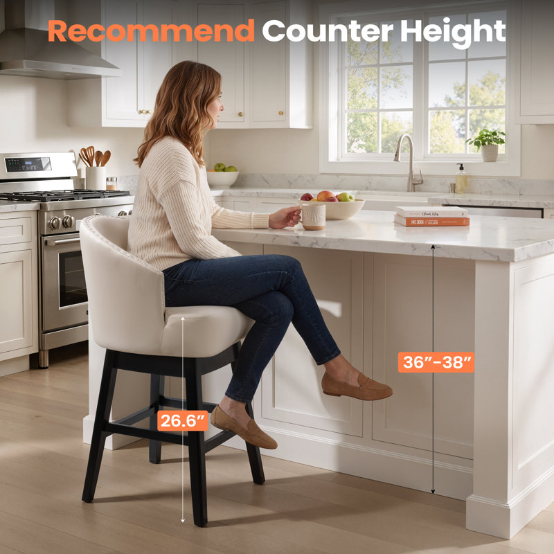 Tabouret de comptoir pivotant 26,5 po en similicuir avec pieds en bois massif, Beige