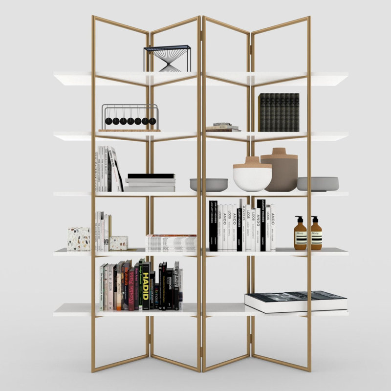 Golden Metal Frame Folding White Bookcase, Wide Panel, Large 71 Inch Etagere Display Shelf, Gold/White
