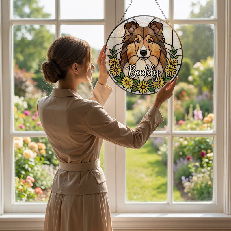 Panneau de vitrail 12 "H Dog Flowers, H 12 po x l 12 po