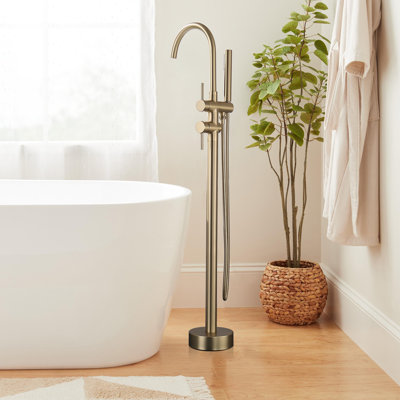 45-1/2" H Freestanding Double Handles Tub Faucet With Handheld Shower And Rotatable Spout