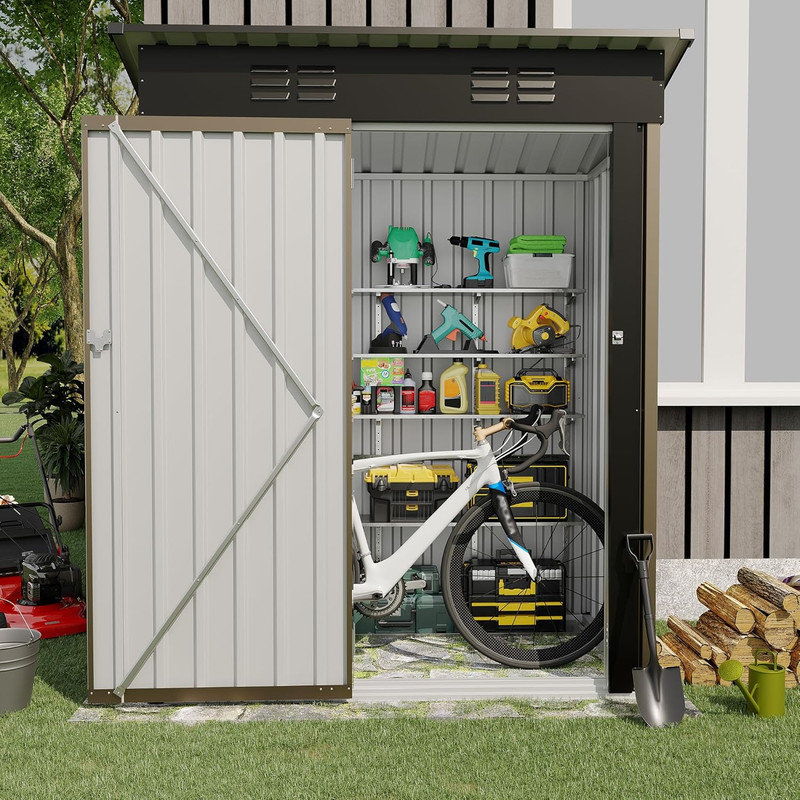 5x3FT Multi‑Use Outdoor Storage Shed, Lockable Galvanized Steel Shed with Sloping Roof for Backyard, Patio, Brown