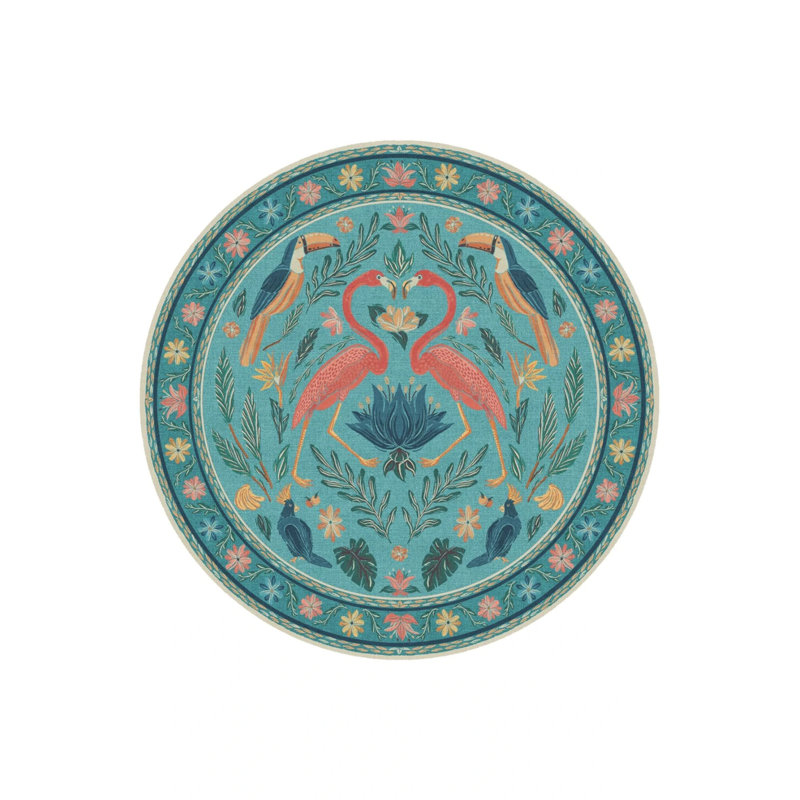 Turquoise Flamingo And Nature Color Woven Base Carpet Risch, Round 2'8"