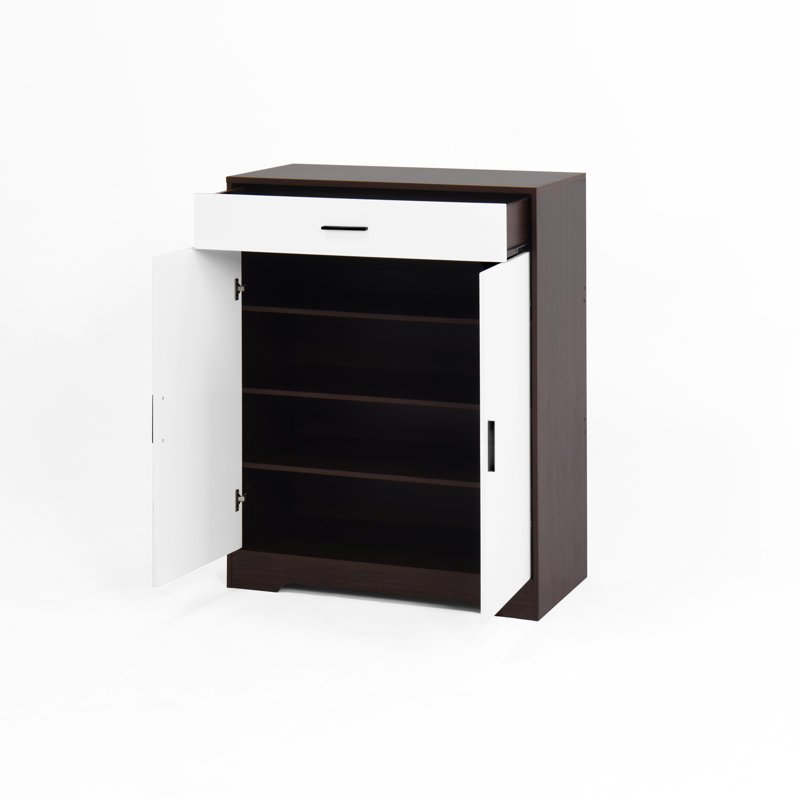 Range-chaussures, range-chaussures à 4 niveaux avec 1 tiroir, range-chaussures autoportant en bois avec 2 portes blanches et tablettes réglables pour le vestibule