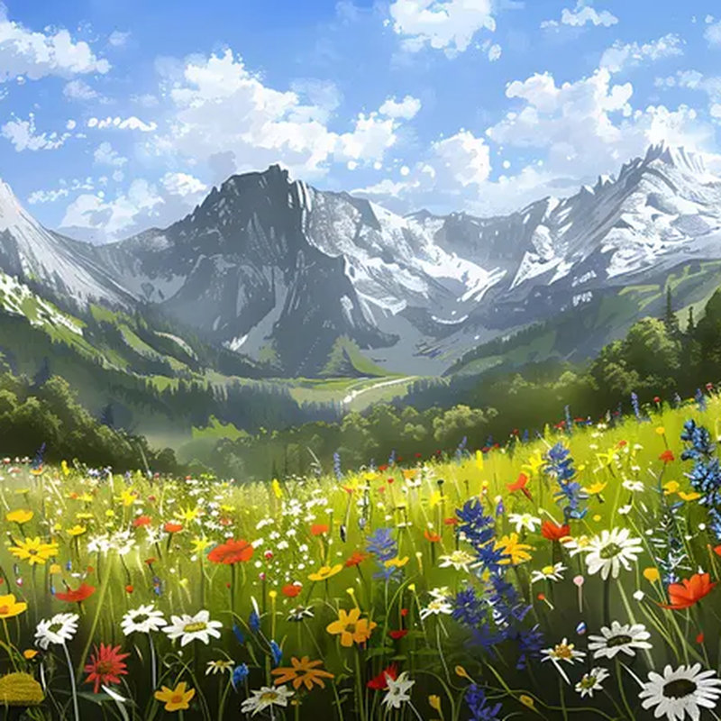 Murale paysage alpin prairie et montagne enneigée, L 108 po x l 96 po