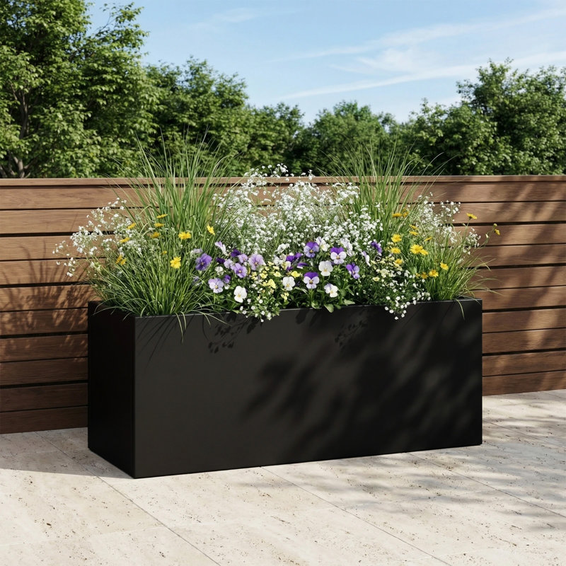 Boîte à fleurs rectangulaire en métal avec trous de drainage Dees, Noir, 11.8" H x 29.5" W x 11.8" D