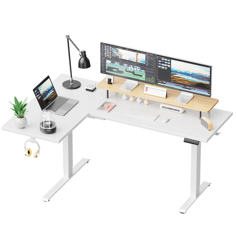  Bureau debout électrique en forme de L de 63 po avec 3 préréglages de mémoire, Brun / Noir, L 63 po x P 40 po