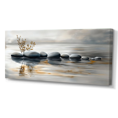Grey Orange Stones on Water Surface – Grey Zen Large Wall Art, Calming Framed Canvas Print