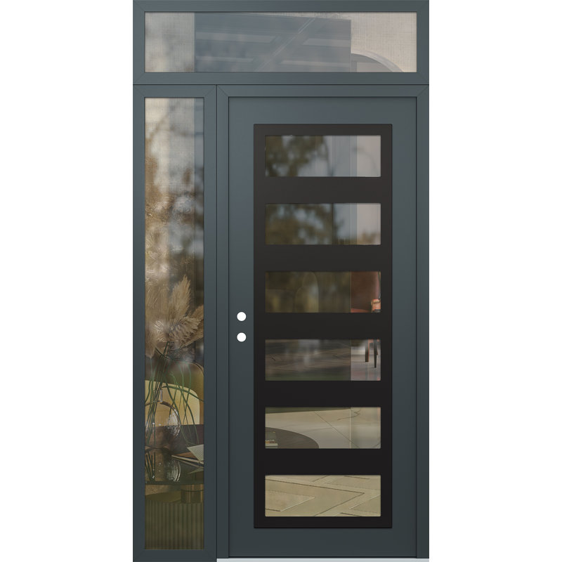 C9 50 po à droite X 96 po Panneau d'entrée en verre noir anthracite et anthracite à panneau avec porte d'entrée avant pré-montée en verre Sidelite et Transom